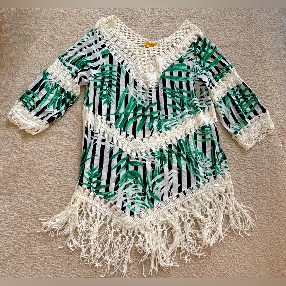 Tropical green leaves Fringe tassel tunic Top by Negs, sz XL (see measurements)